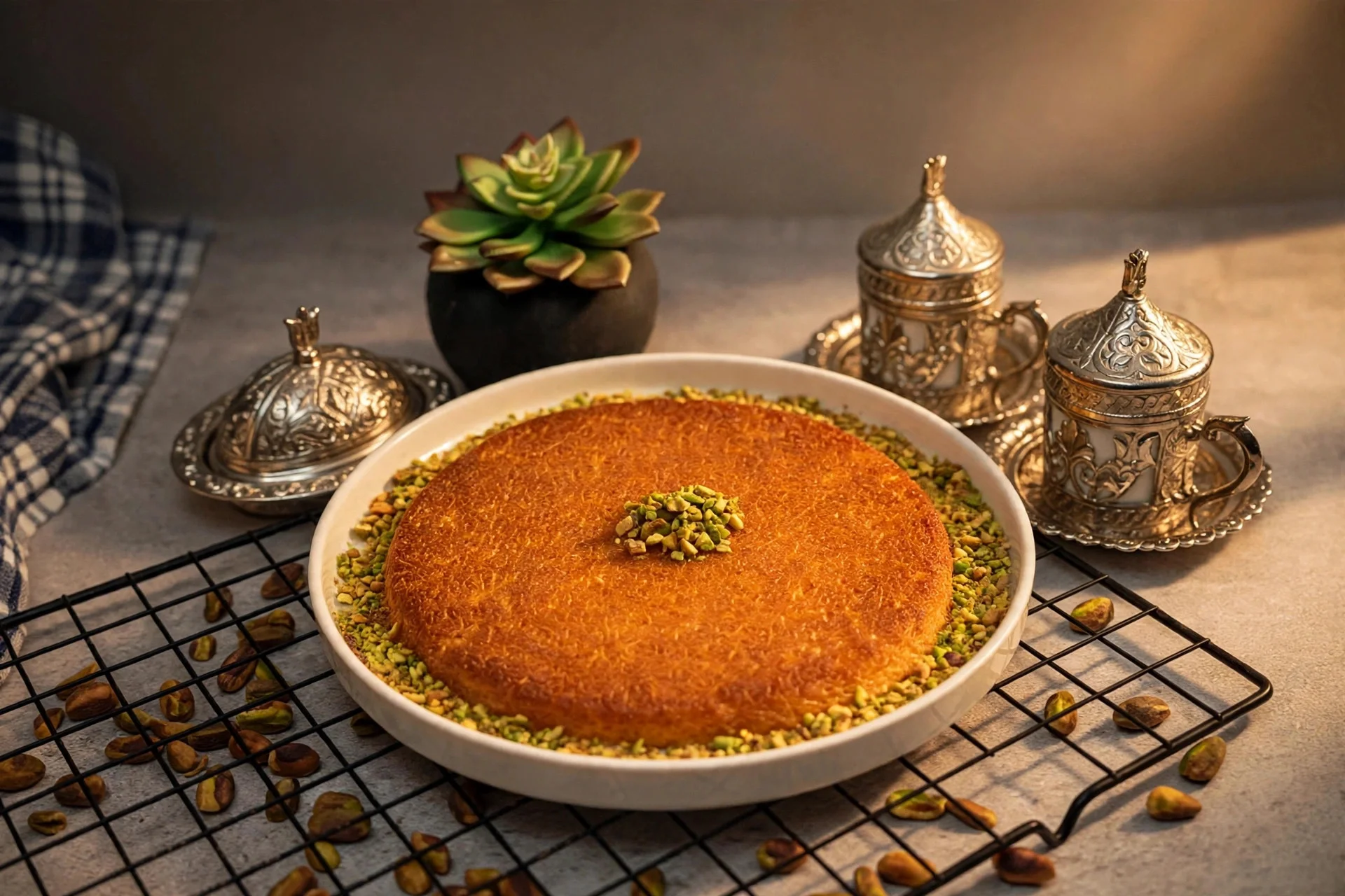 A traditional dessert served in a round dish, topped with crushed pistachios, presented on a bright red box.