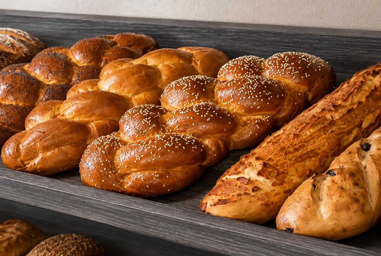Freshly baked specialty bread displayed on a wooden board.