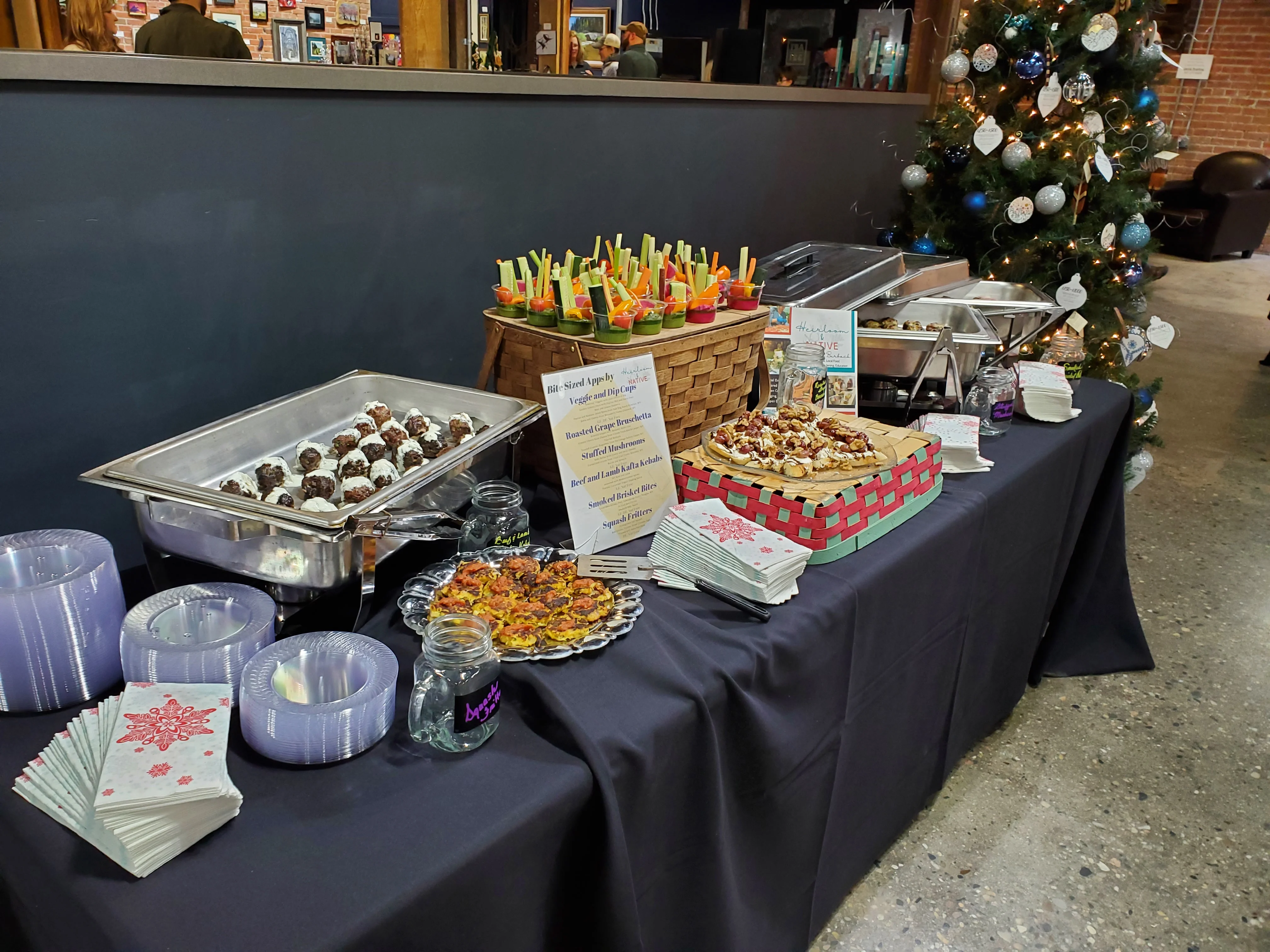 Holiday appetizer buffet with many 2-3 bite items