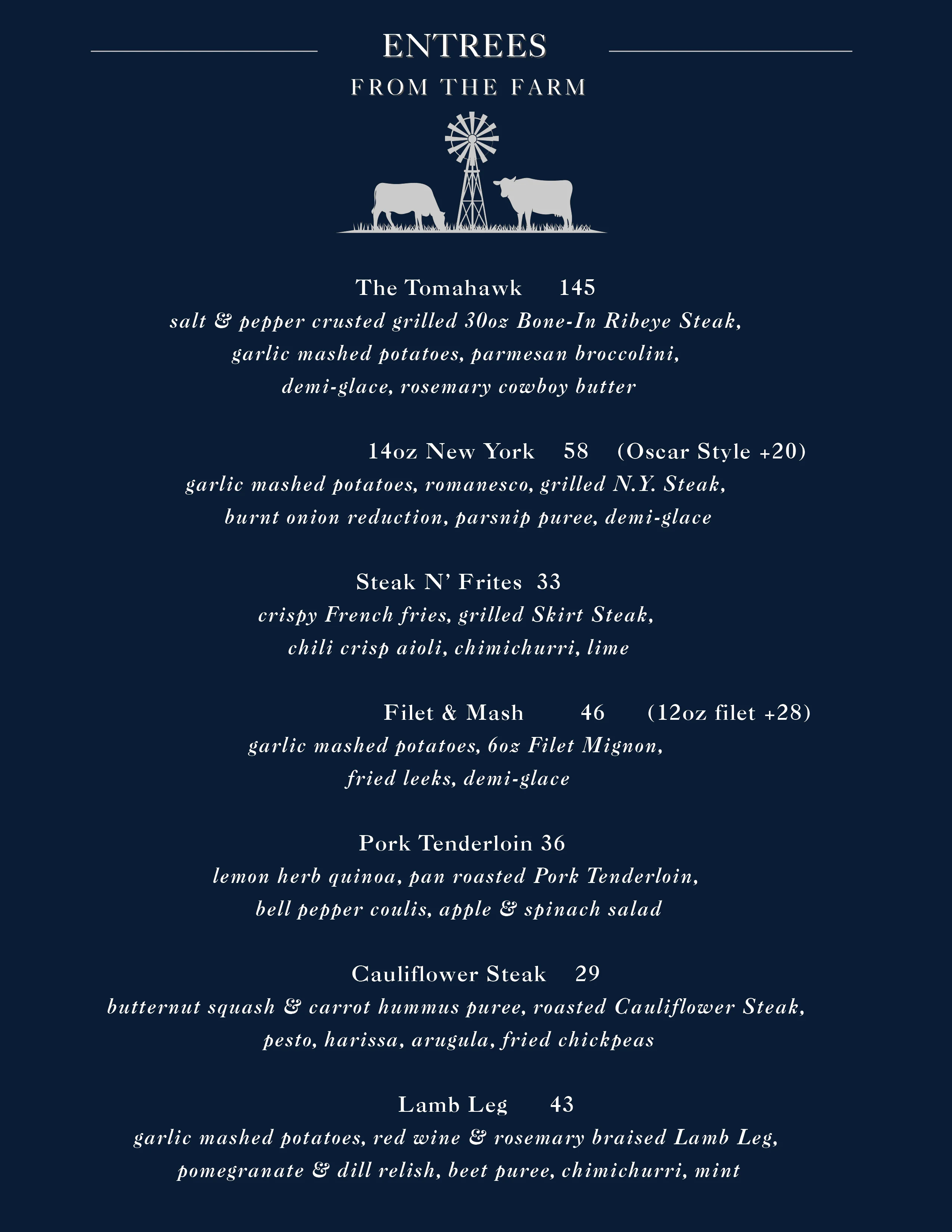 Entrees from a farm-to-table restaurant menu featuring various meats