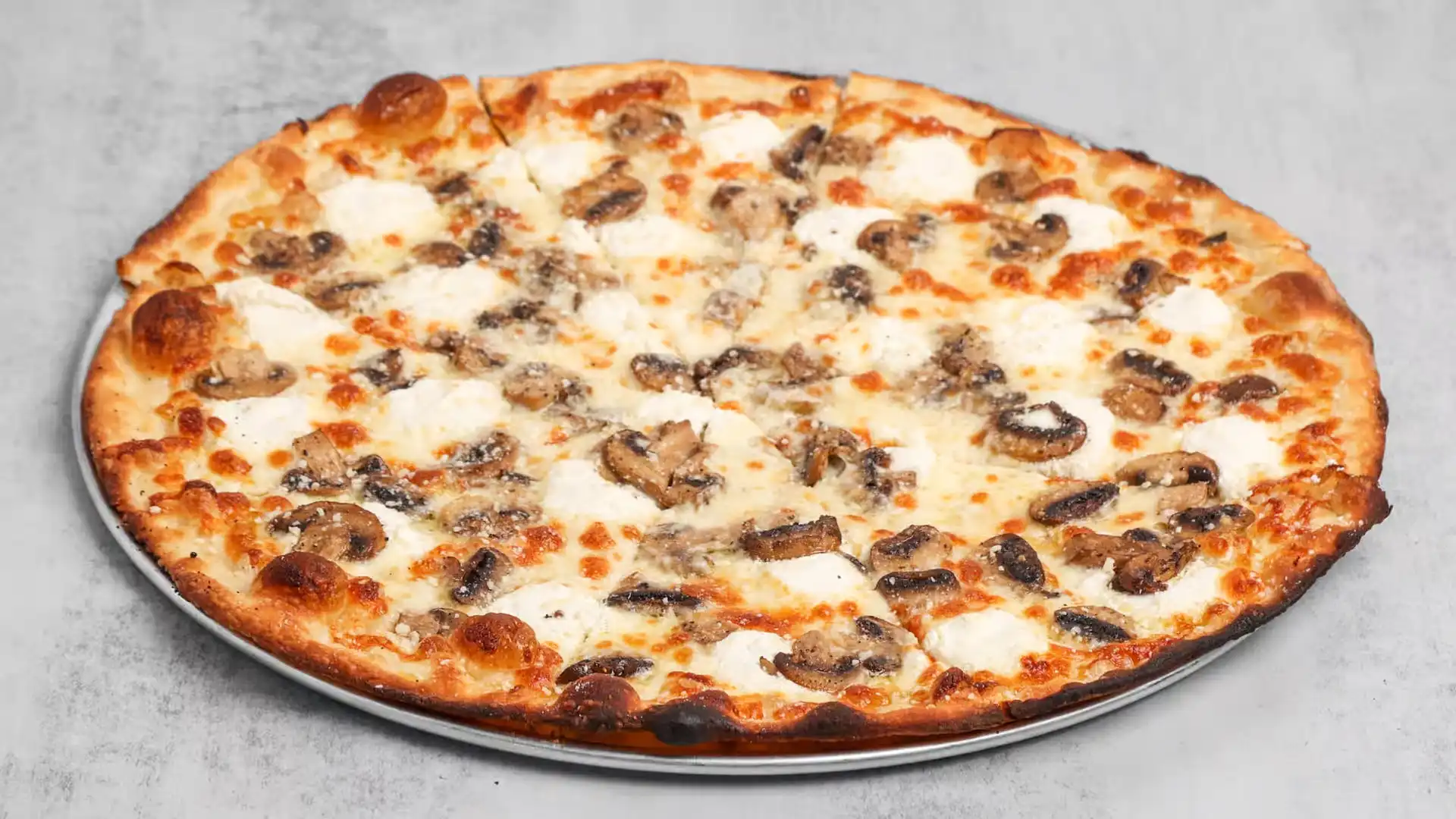 White pizza, with mushrooms, ricotta and truffle oil