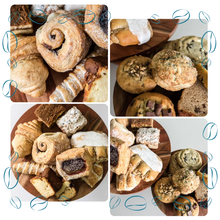 Collage of pastries on wooden plates, featuring cinnamon rolls, muffins, cookies, and breads, arranged on a dark background with blue swirl accents.