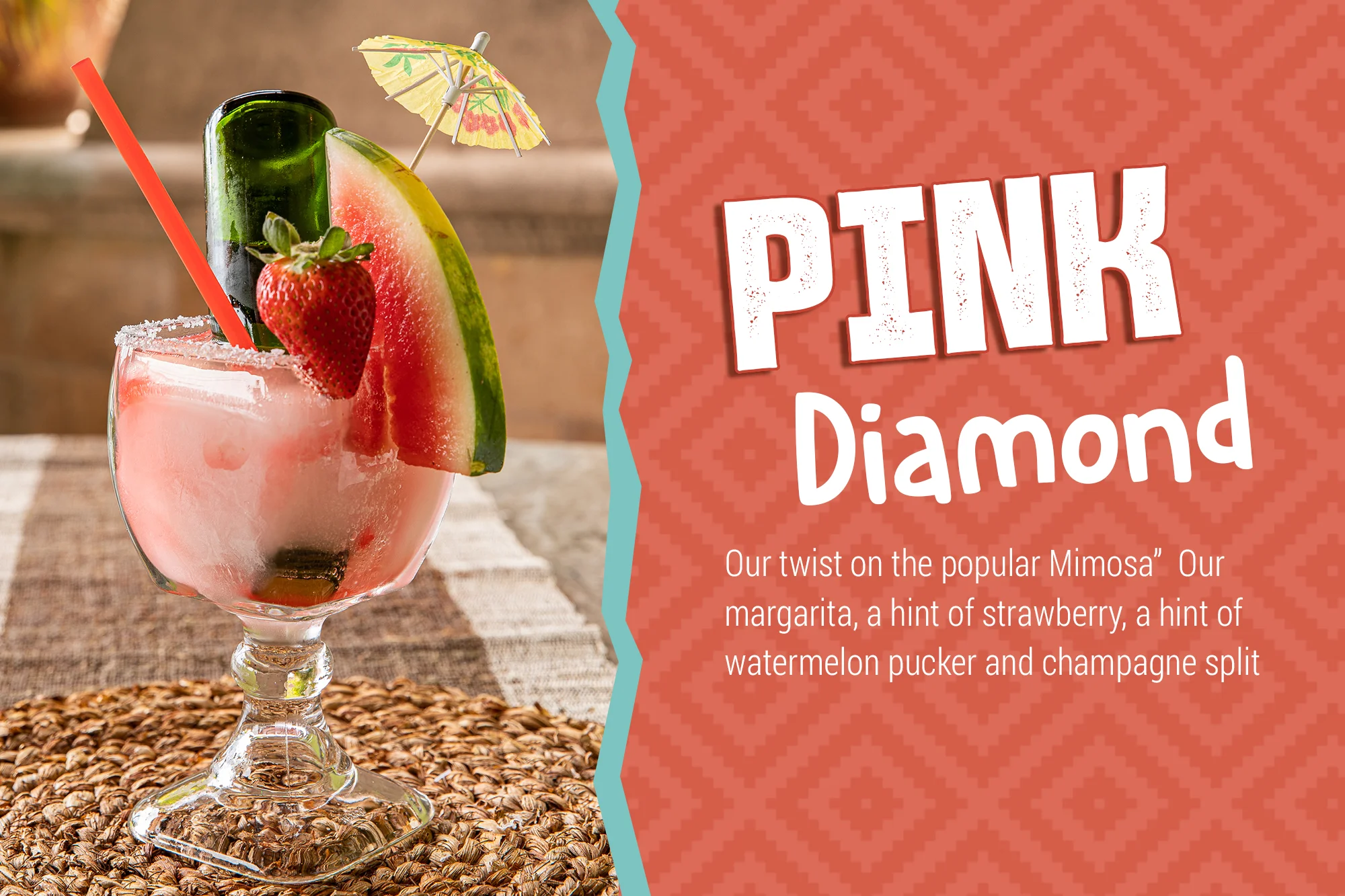 Colorful Pink Diamond cocktail with fruit garnish