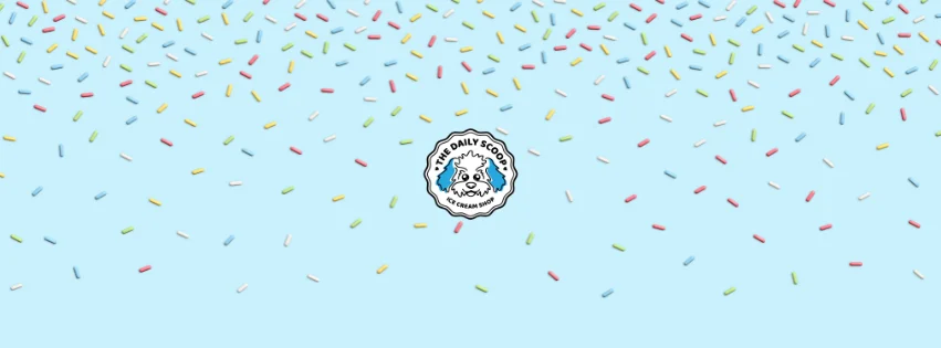 Colorful sprinkles on a light blue background with a logo