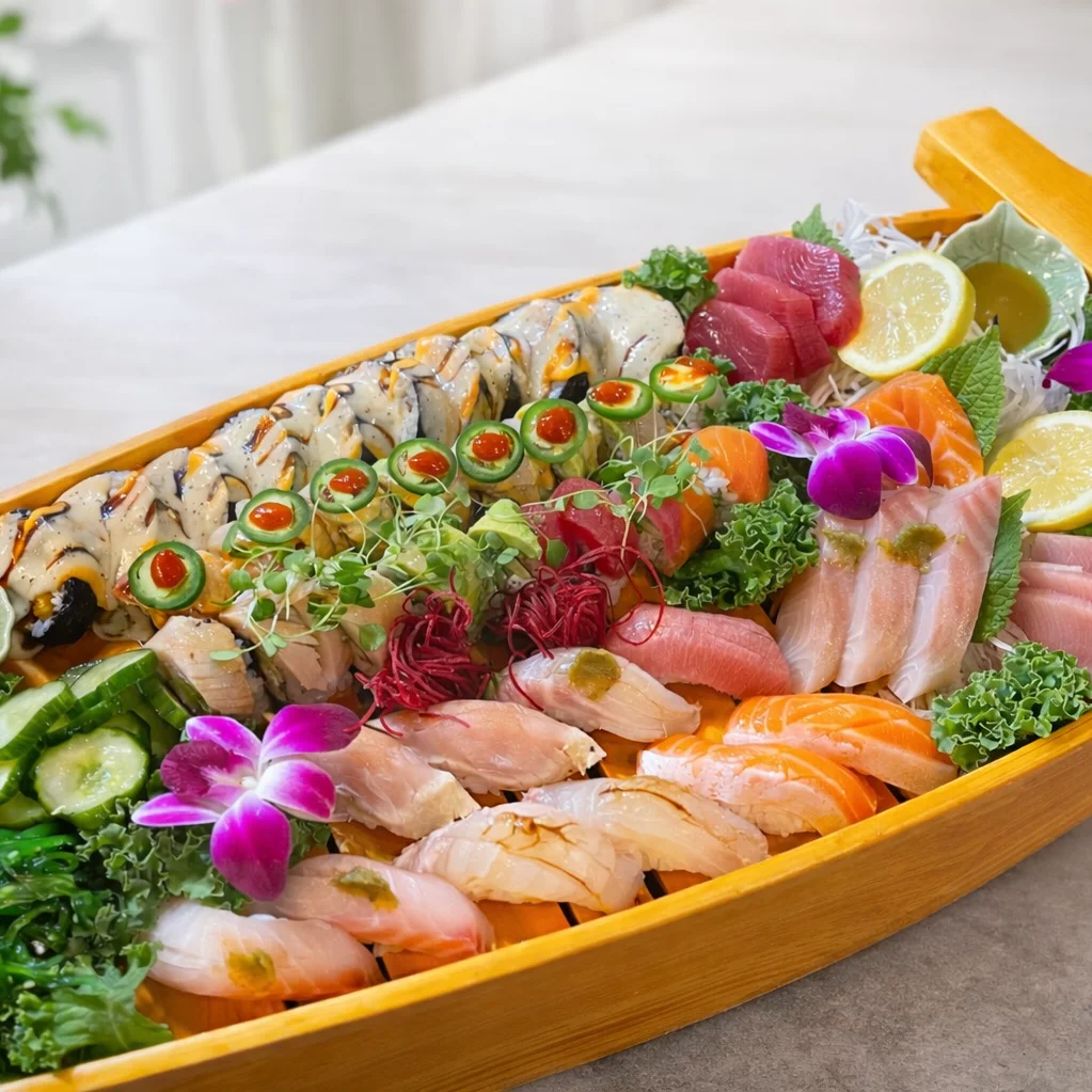 Sushi platter featuring assorted sashimi and rolls