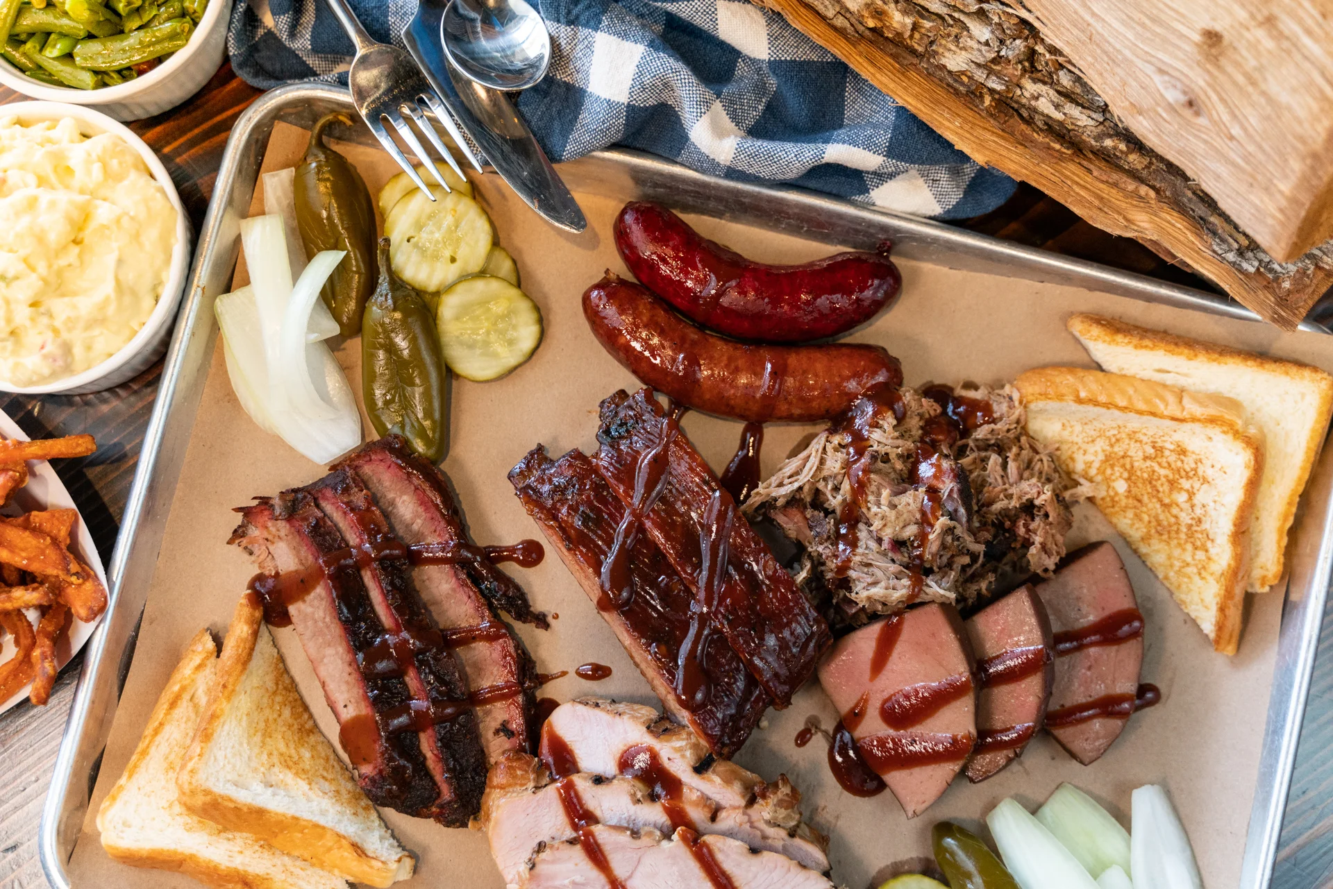 Texas-style barbecue platter with smoked meats