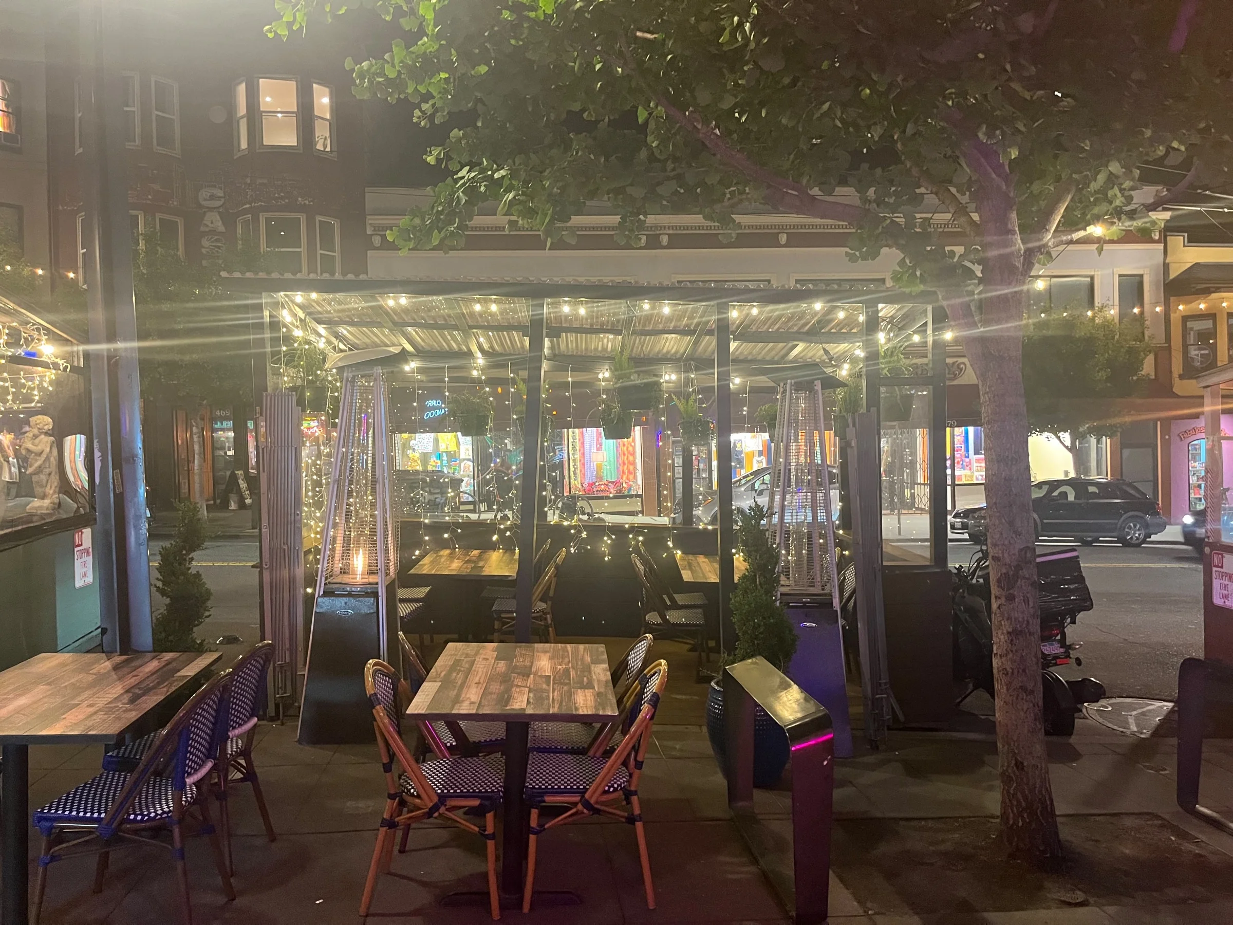 Castro Indian Restaurant patio at night with string lights, greenery and outdoor seating