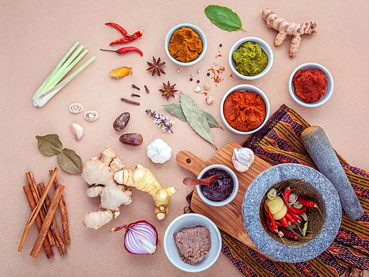 Assorted spices and herbs for Asian cuisine preparation