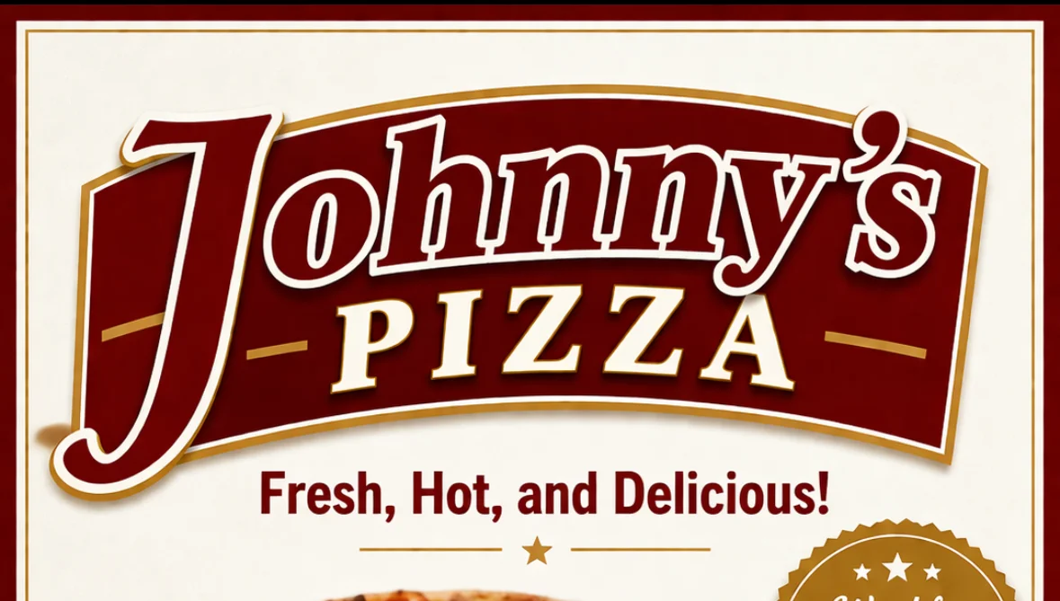Johnny's Pizza advertisement featuring a delicious pizza and contact details.