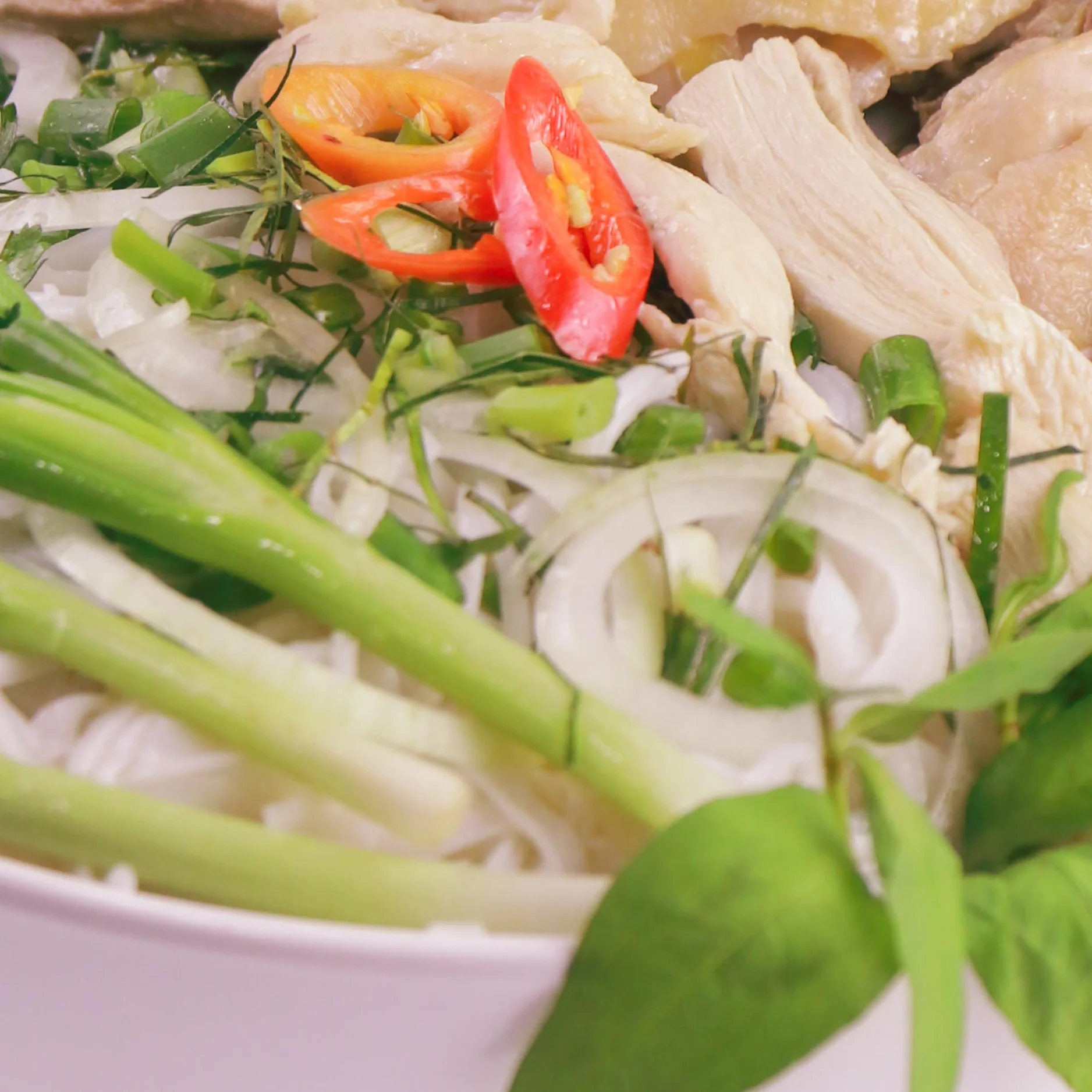 Bowl of Vietnamese chicken pho with fresh herbs