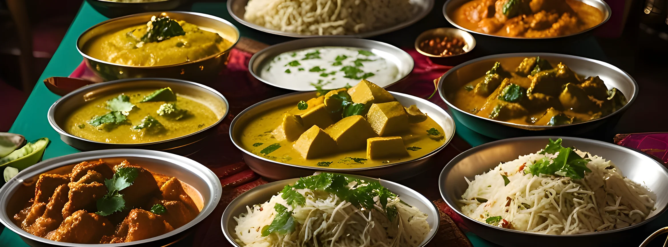 Assorted Indian curries and rice served in traditional bowls