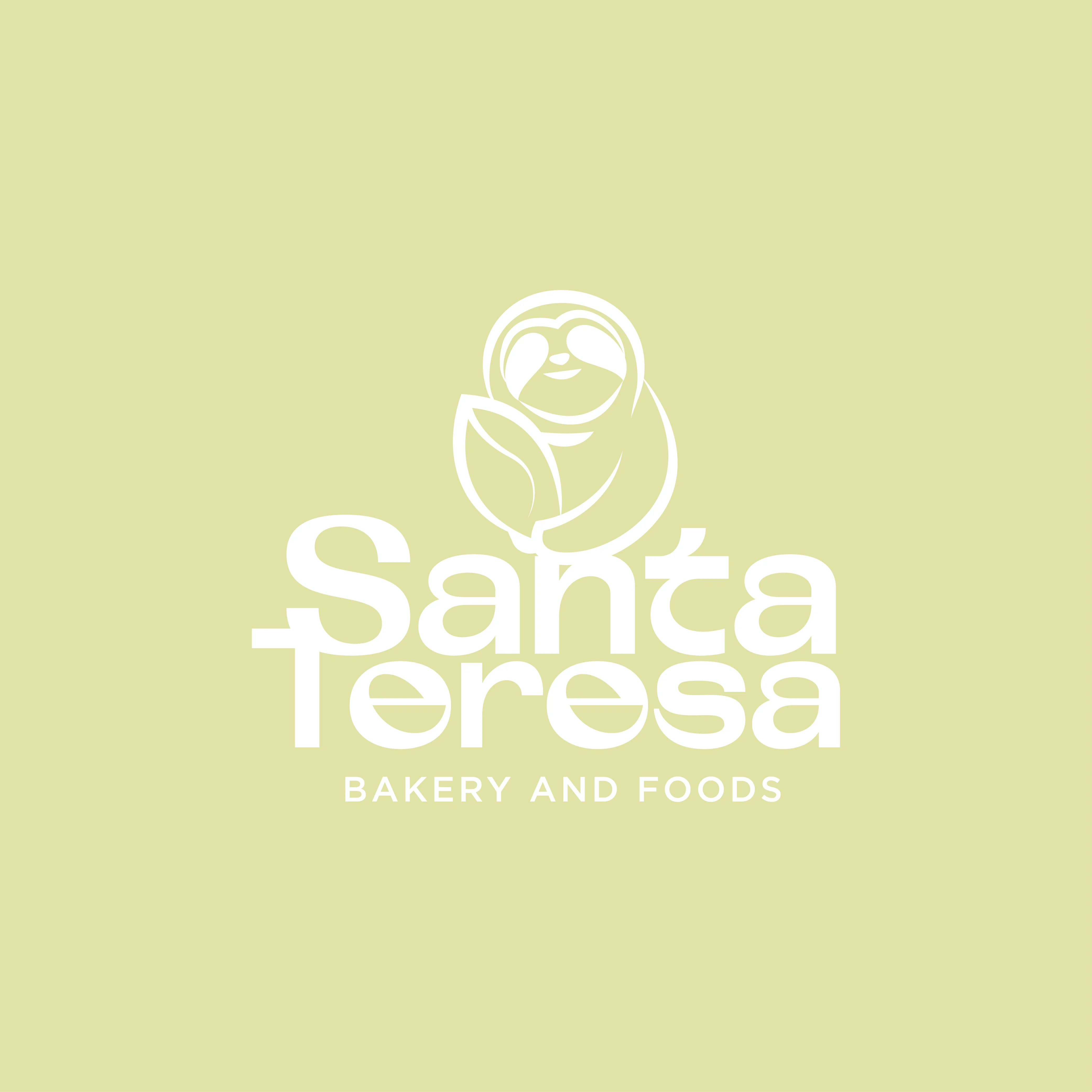 A simple logo featuring a sloth holding leaves with the text 'Santa Teresa Bakery and Foods' in a clean, modern font.