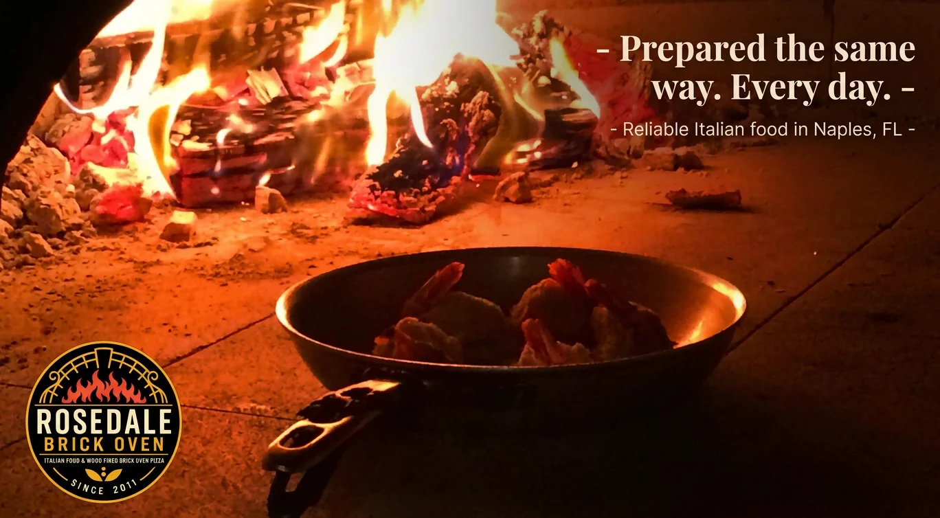 Wood-fired shrimp dish in a rustic oven