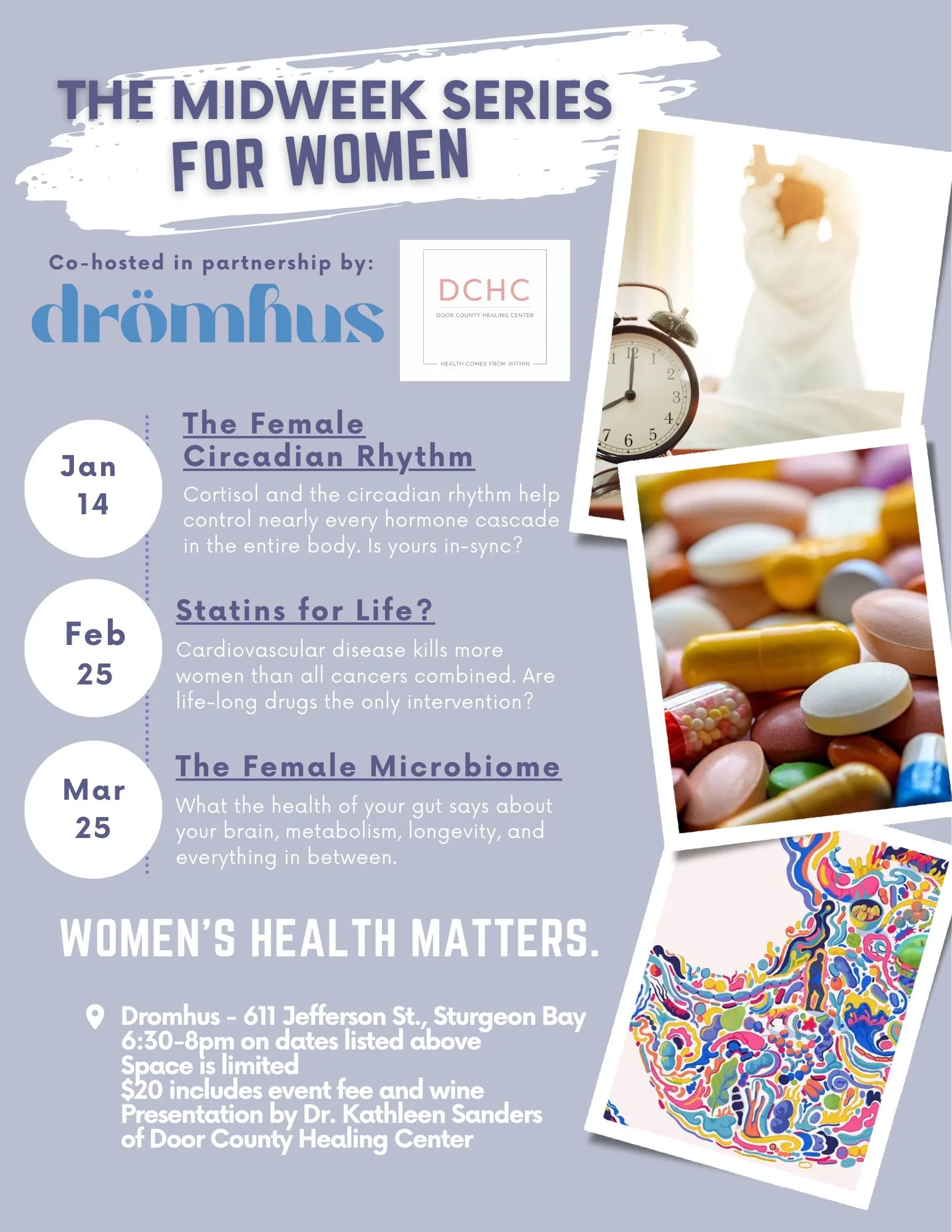 Promotional flyer for women's health series at Dromhus