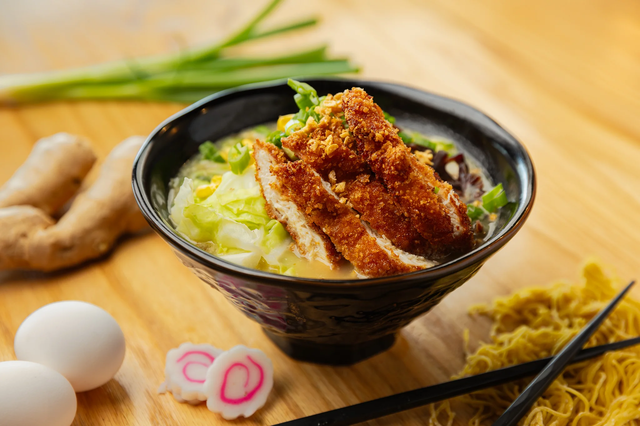 Japanese katsu ramen with crispy pork cutlet