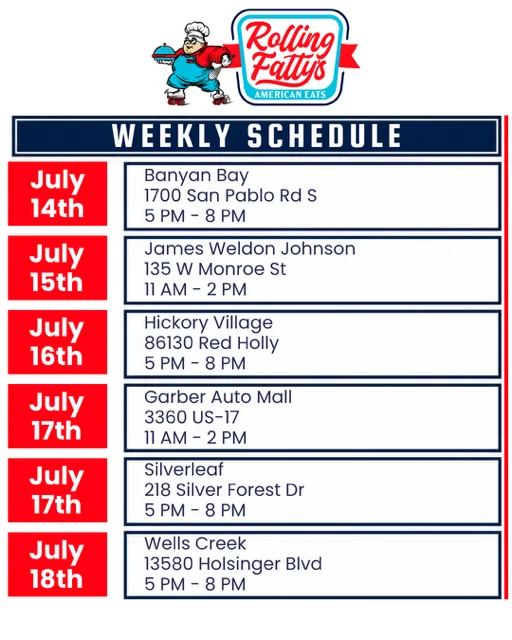 Rolling Fatty's food truck weekly schedule for June events