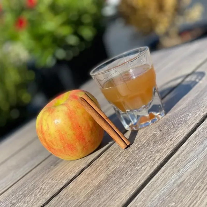 An apple with a piece of cinnamon stick beside a glass of amber-colored liquid on a wooden table.