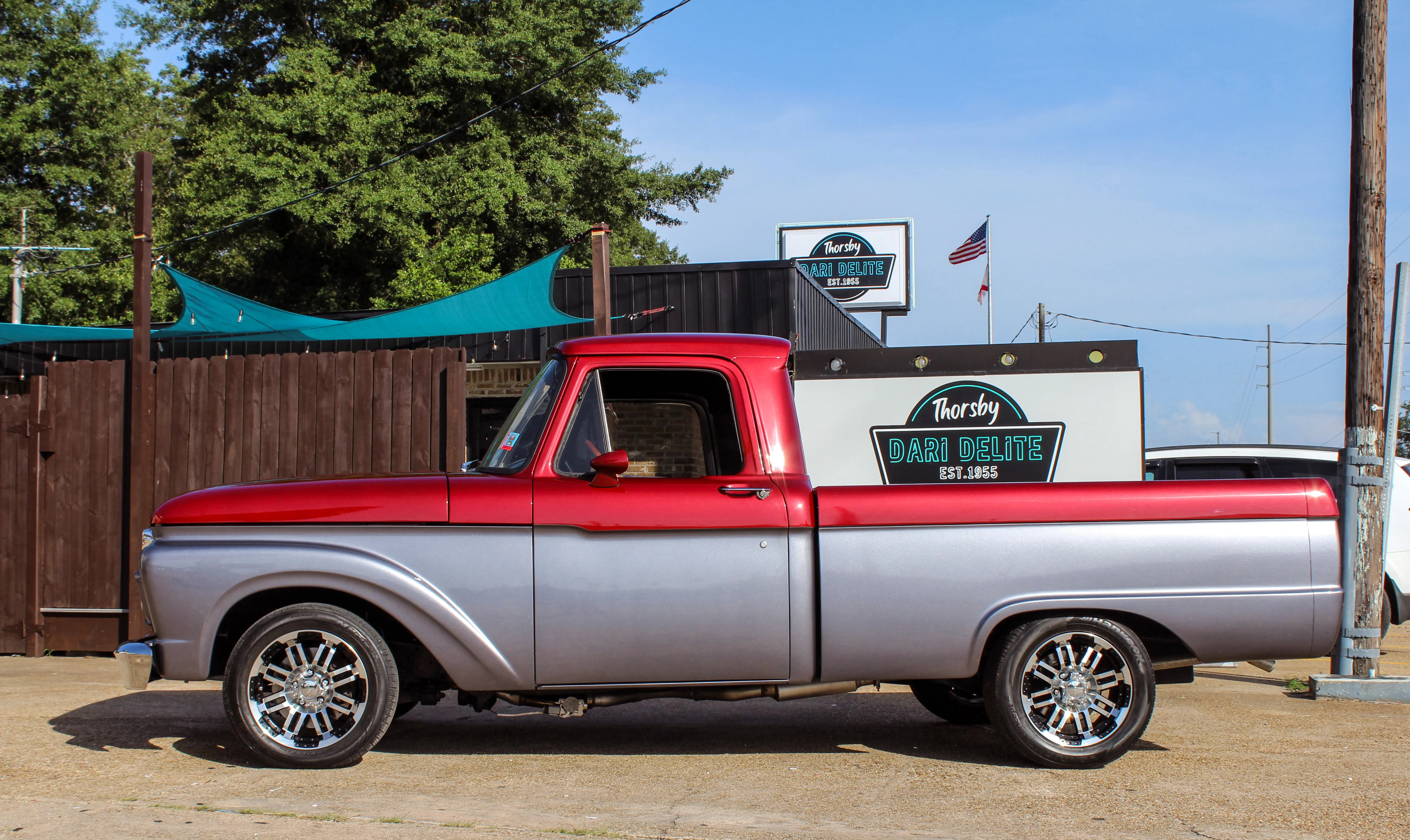 Classic vintage truck outside a restaurant