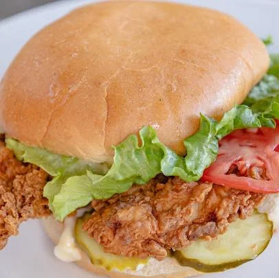 A pulled pork sandwich topped with barbecue sauce, served with French fries and a pickle on the side.