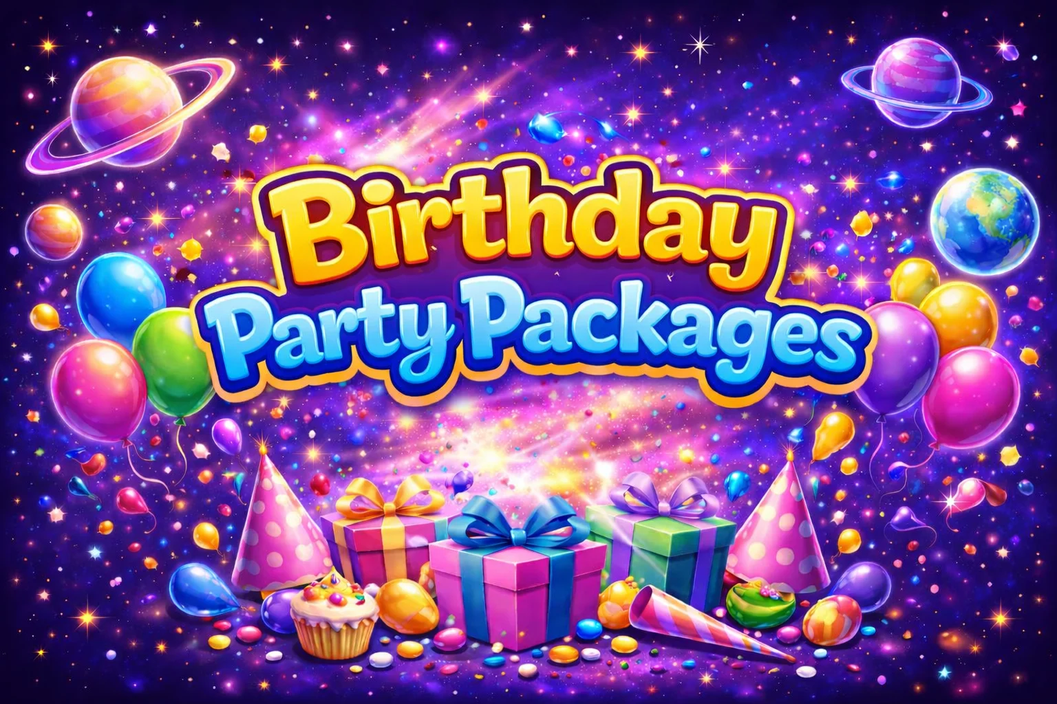 Colorful birthday party packages with balloons and gifts