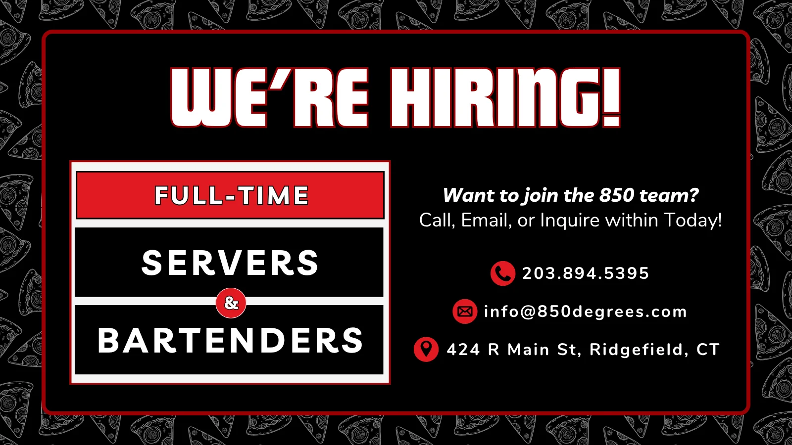Hiring announcement for servers and bartenders at a restaurant