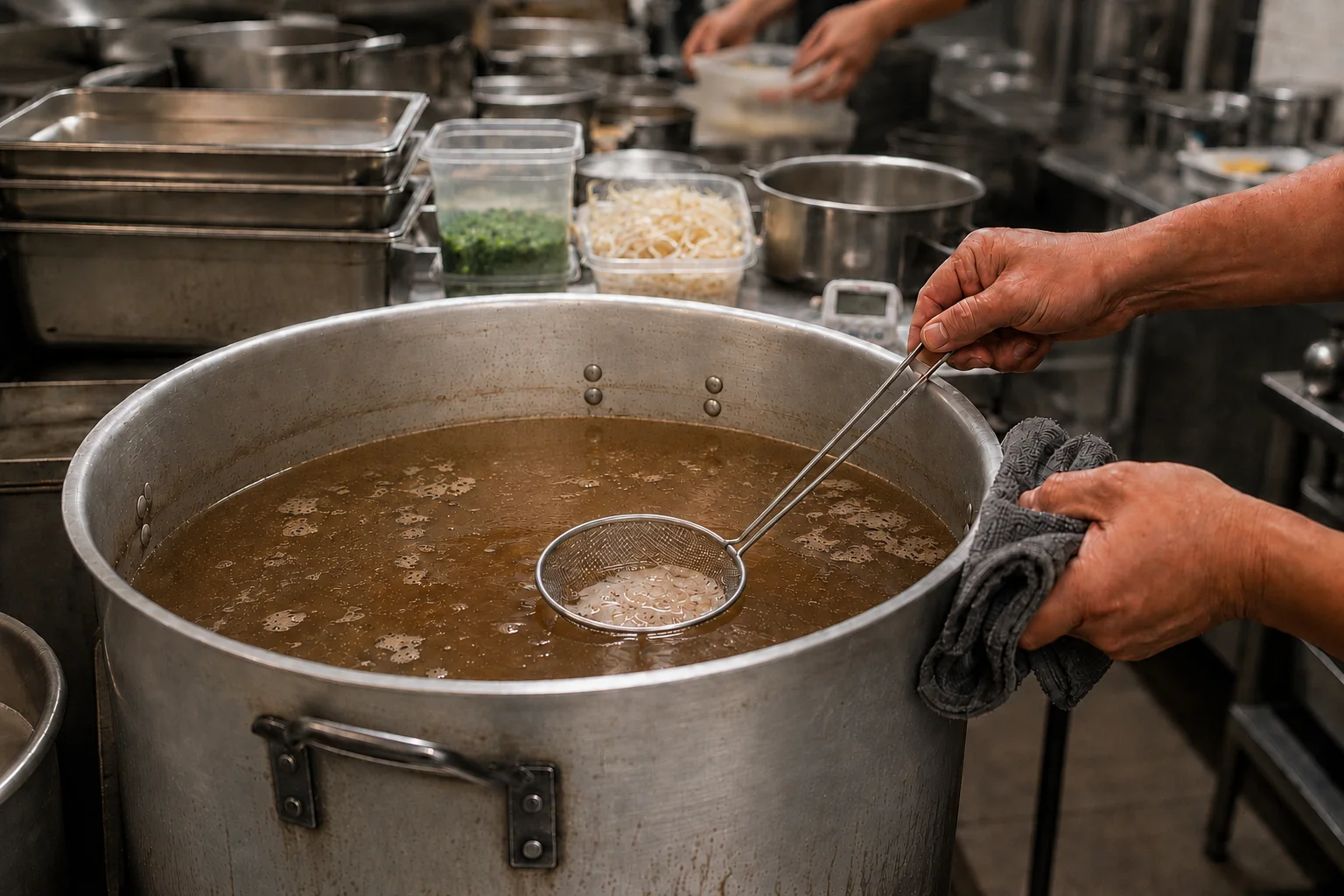 Chef preparing broth in a large pot for Vietnamese pho