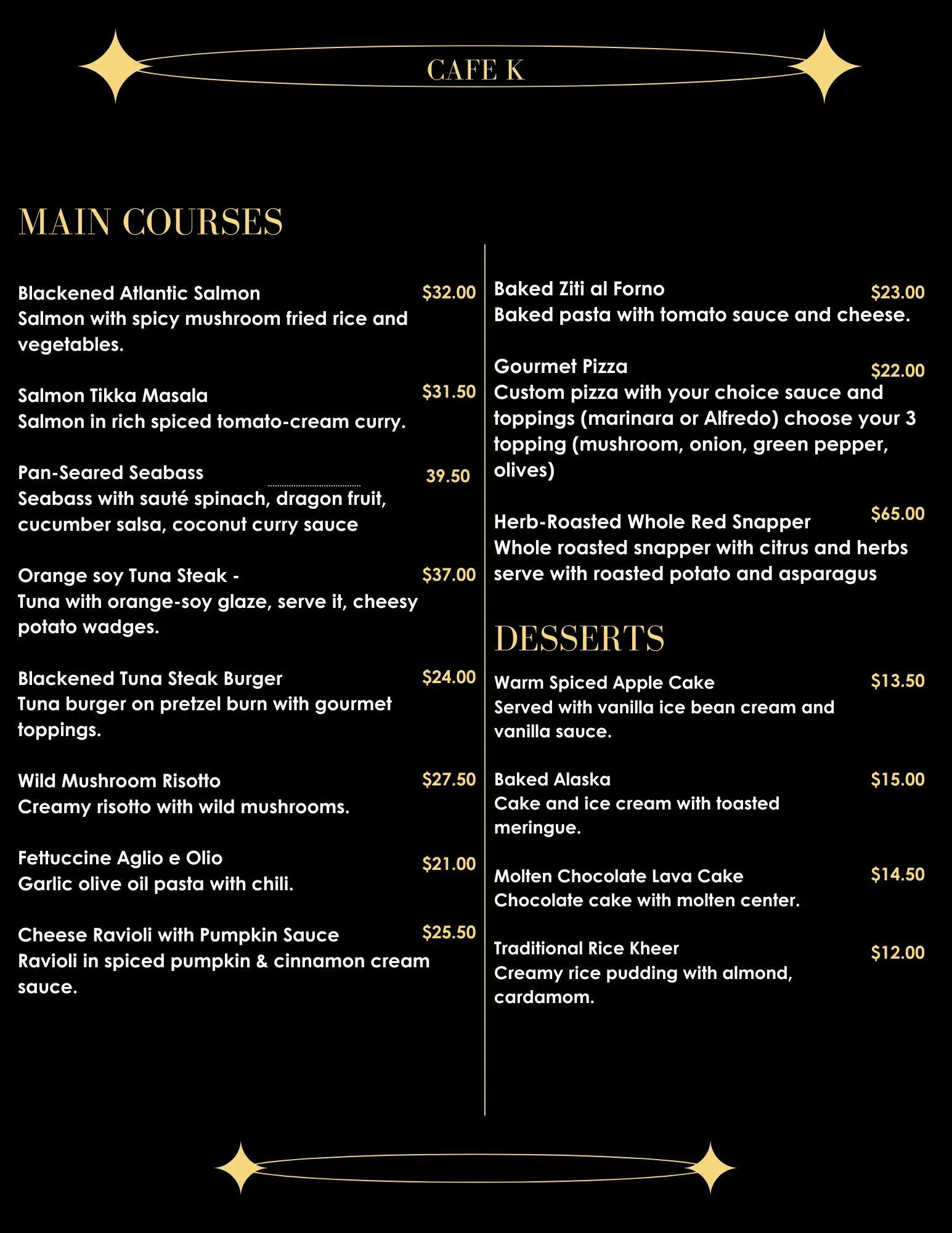 Diverse menu of global dishes at Cafe K