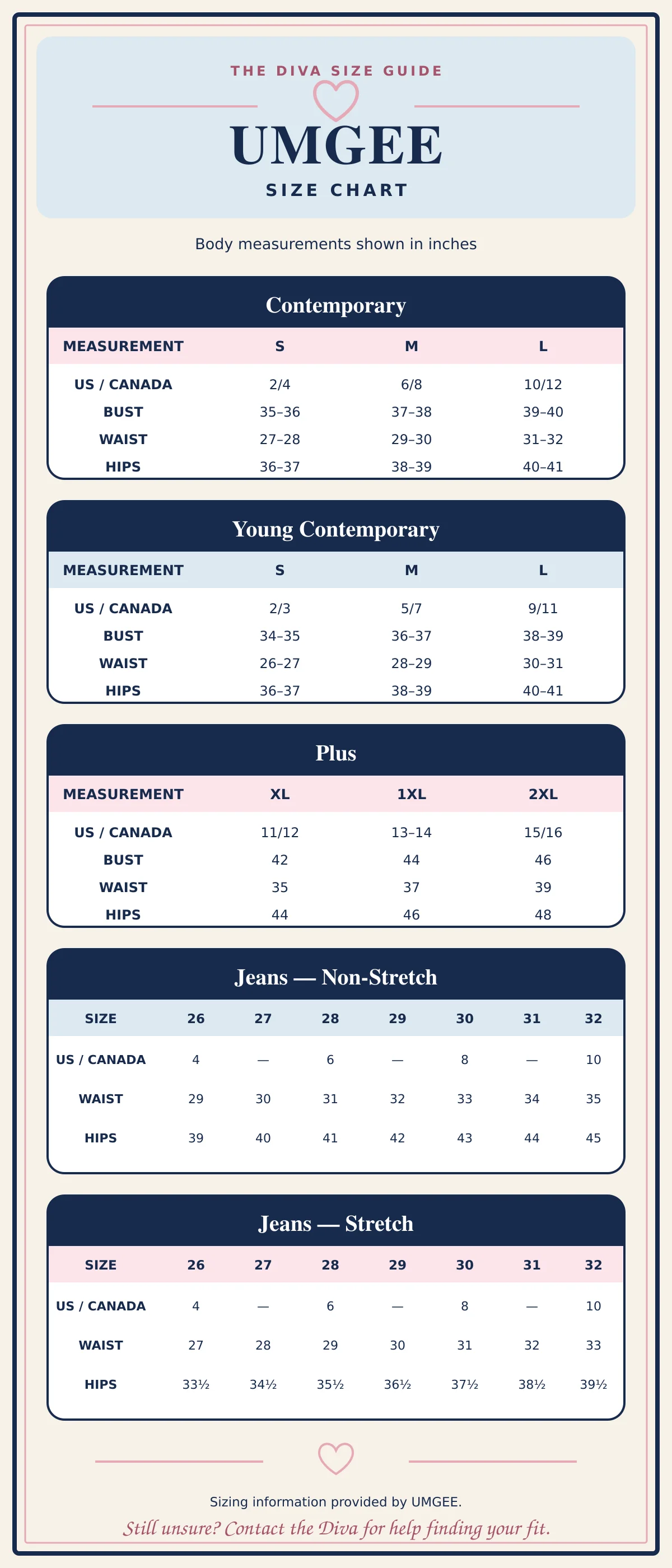 UMGEE size chart for women's clothing and jeans