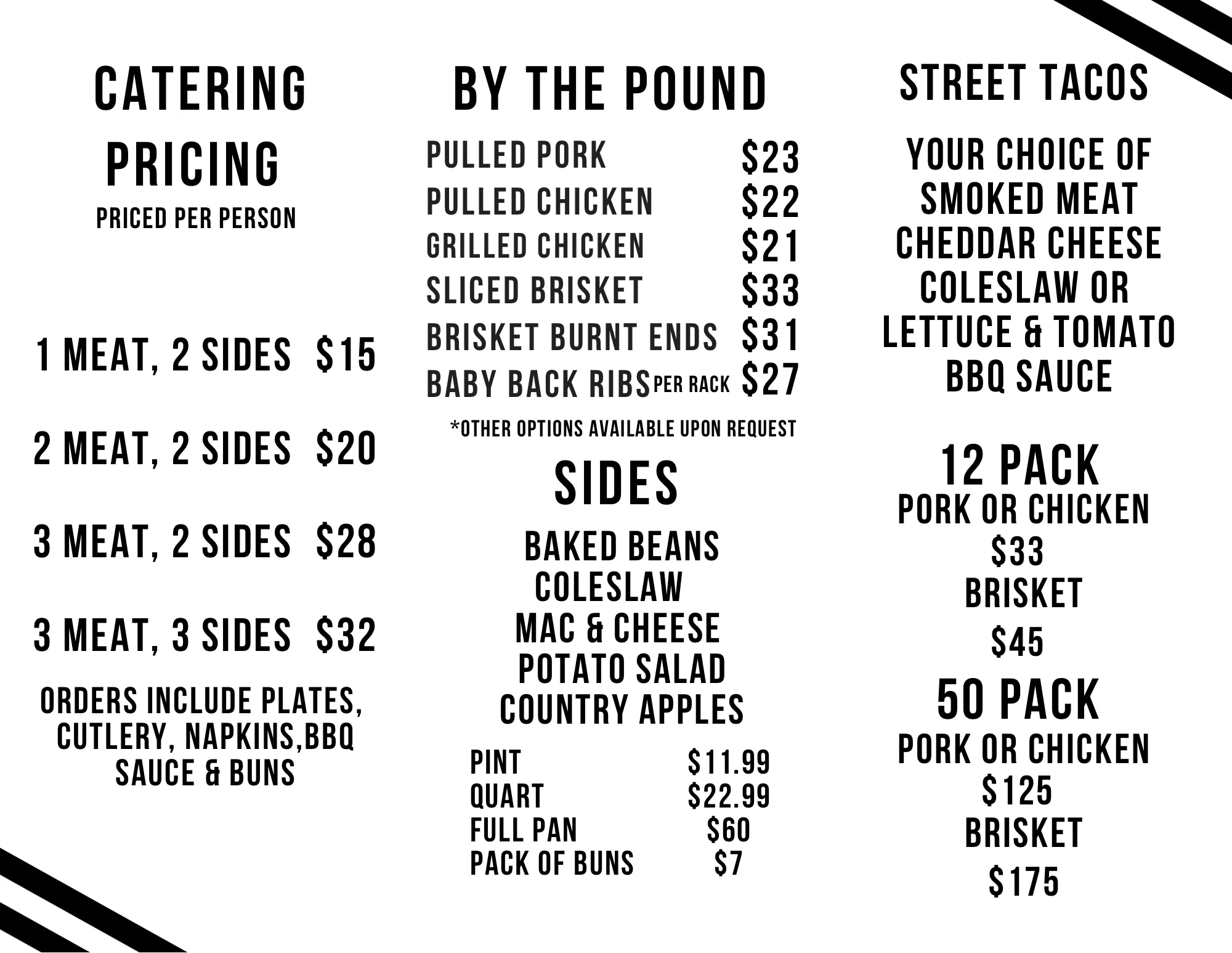 Catering menu featuring BBQ meats and sides