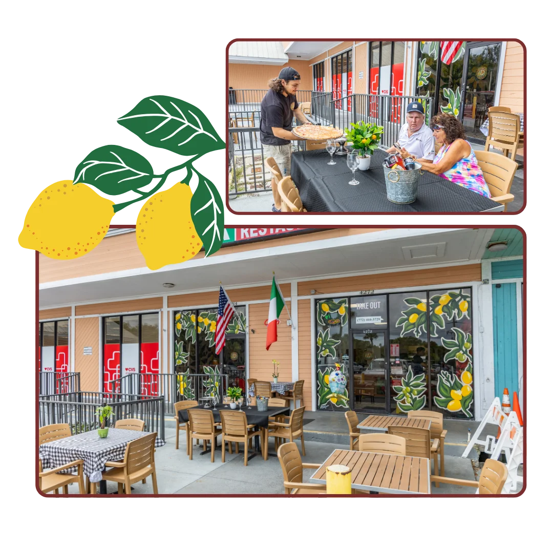 Outdoor dining area of a vibrant Italian restaurant with lemon decor