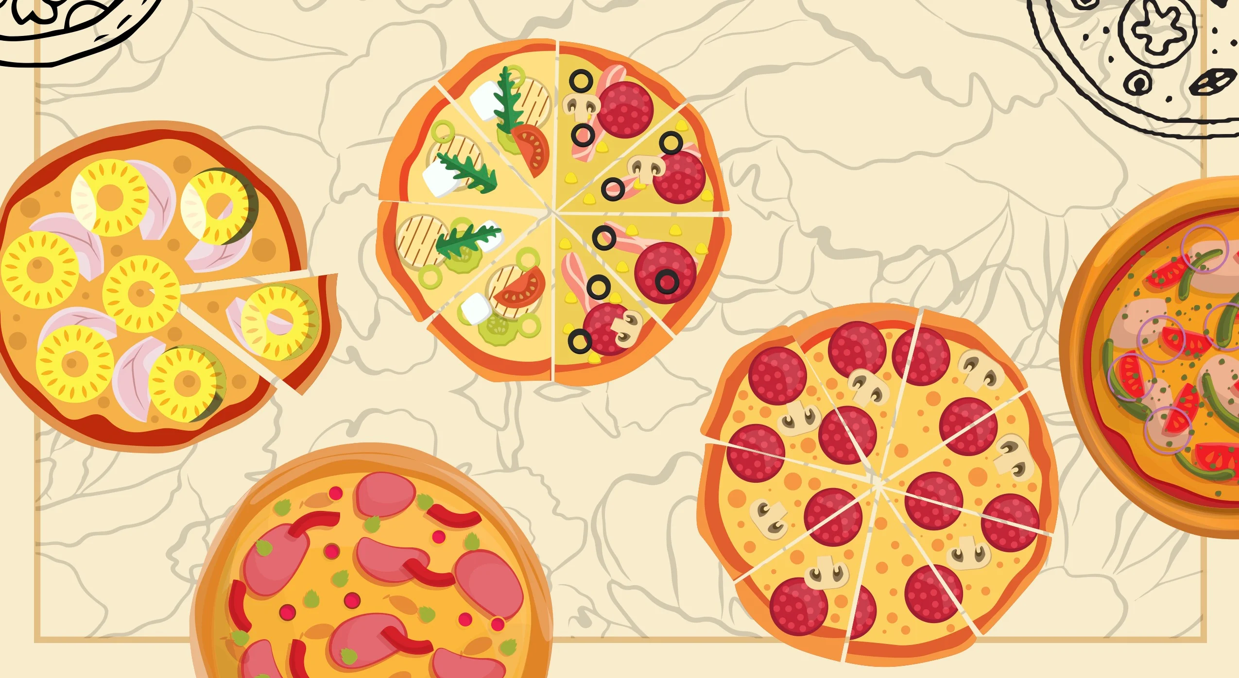 Colorful pizza varieties with the text 'Crust & Craft' on a light background.