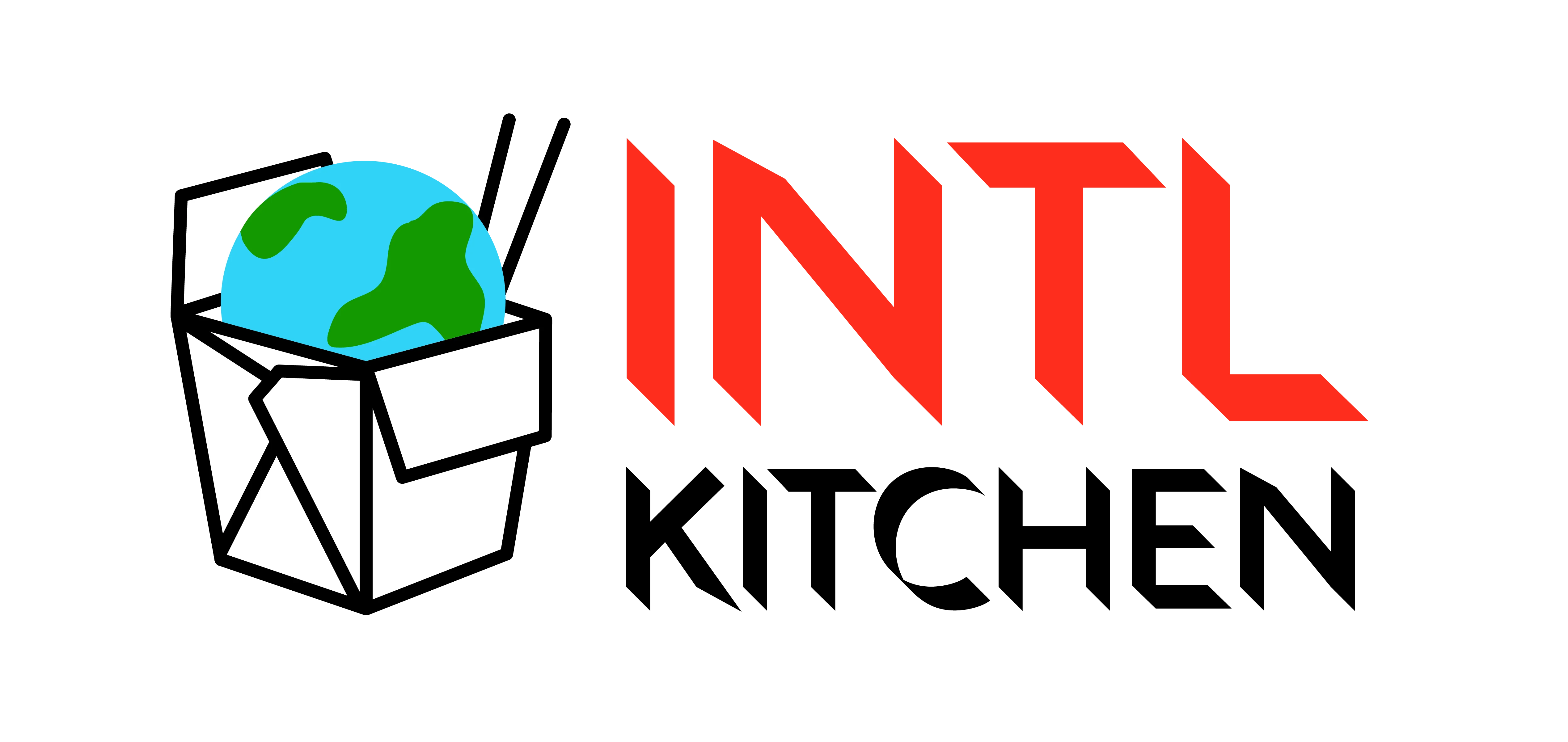 Logo featuring a globe in a takeout box with bold lettering
