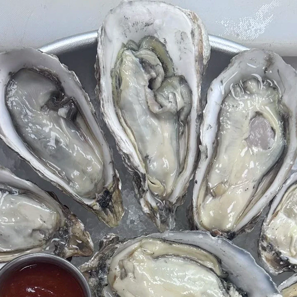 A platter of fresh oysters served with cocktail sauce.