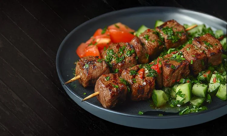 Grilled kebabs served with fresh vegetables