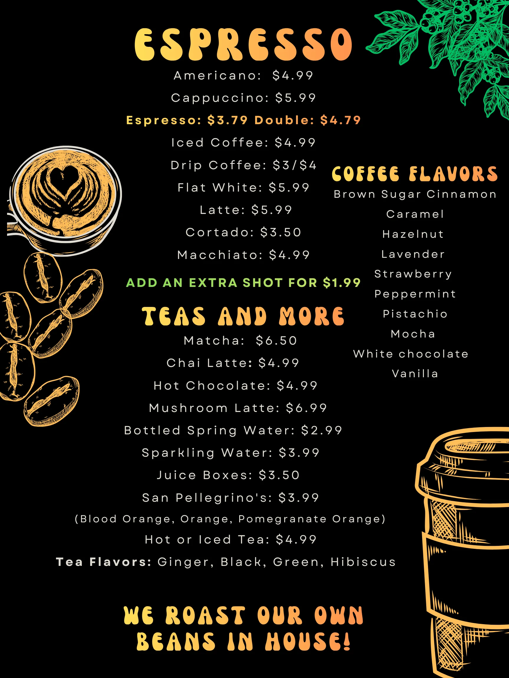 Coffee menu featuring espresso drinks and teas in a cozy café setting