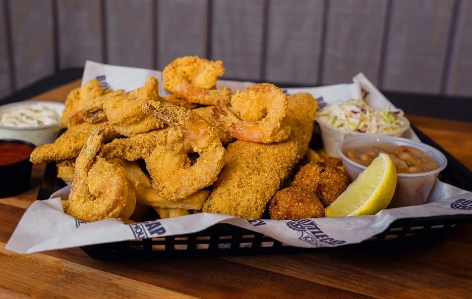Hand Breaded Catfish & Shrimp. Real Catfish. Fried Shrimp.big basket of fresh cut fries, slaw, and charro beans