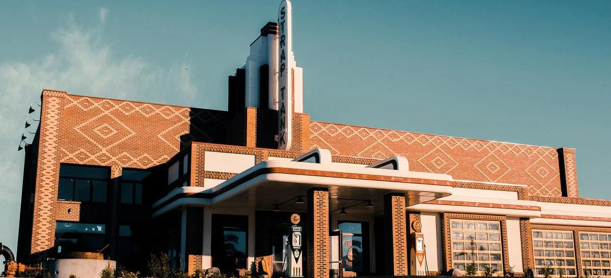 Art Deco style restaurant exterior with vintage signage