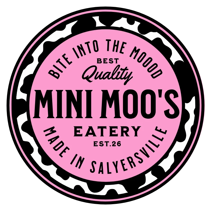 A circular logo in pink and black for an eatery, displaying its name and tagline in a playful font.