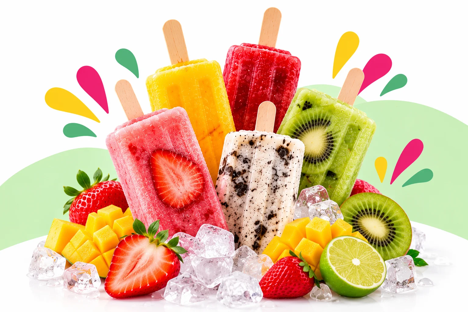 Colorful fruit popsicles with strawberries, kiwi, mango, and lime