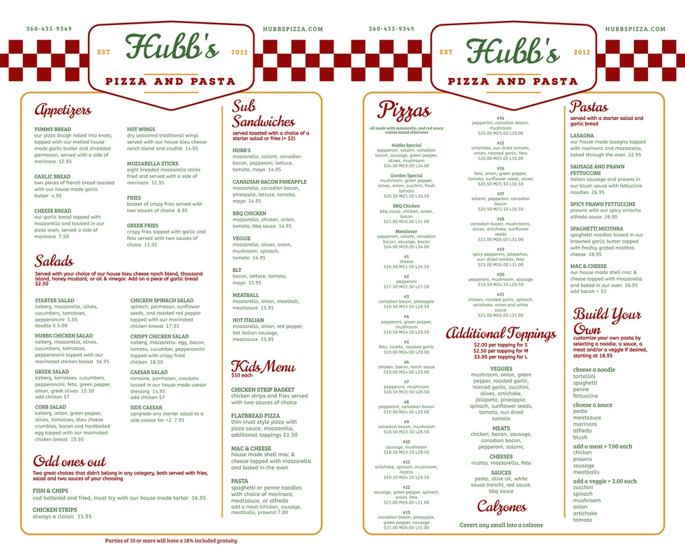 Menu featuring a variety of dishes and beverages at a restaurant.