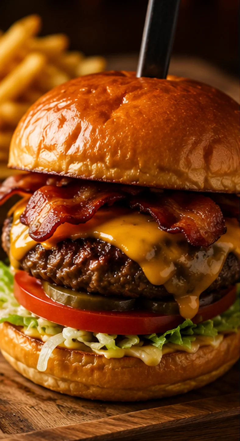 A delicious cheeseburger stacked with bacon, cheese, lettuce, and tomato, served with a side of fries.