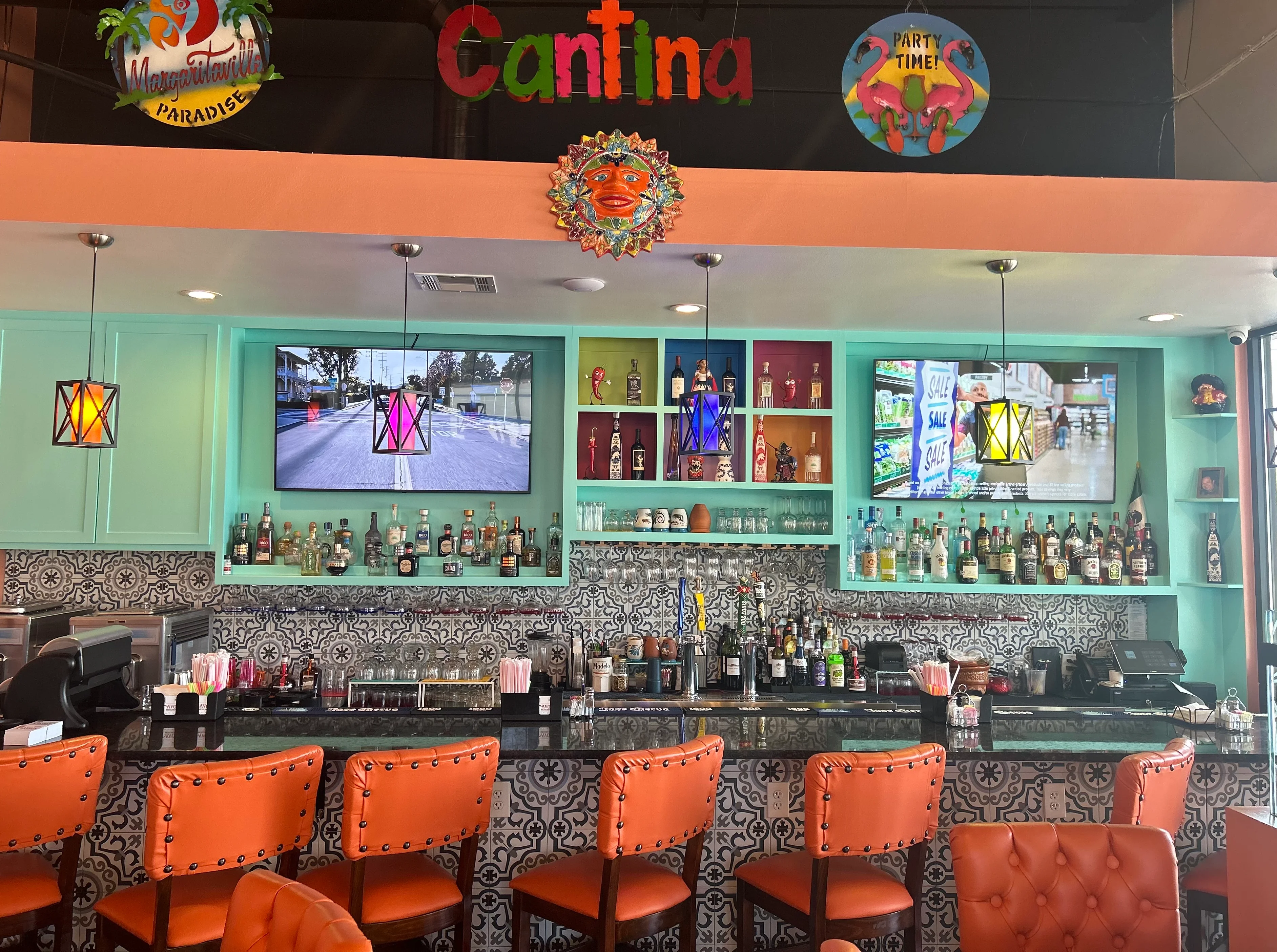 Vibrant cantina bar with colorful decor and drinks