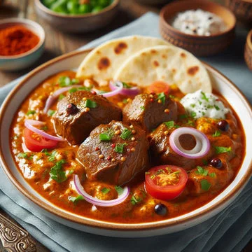 Rich Indian curry with tender meat and naan bread