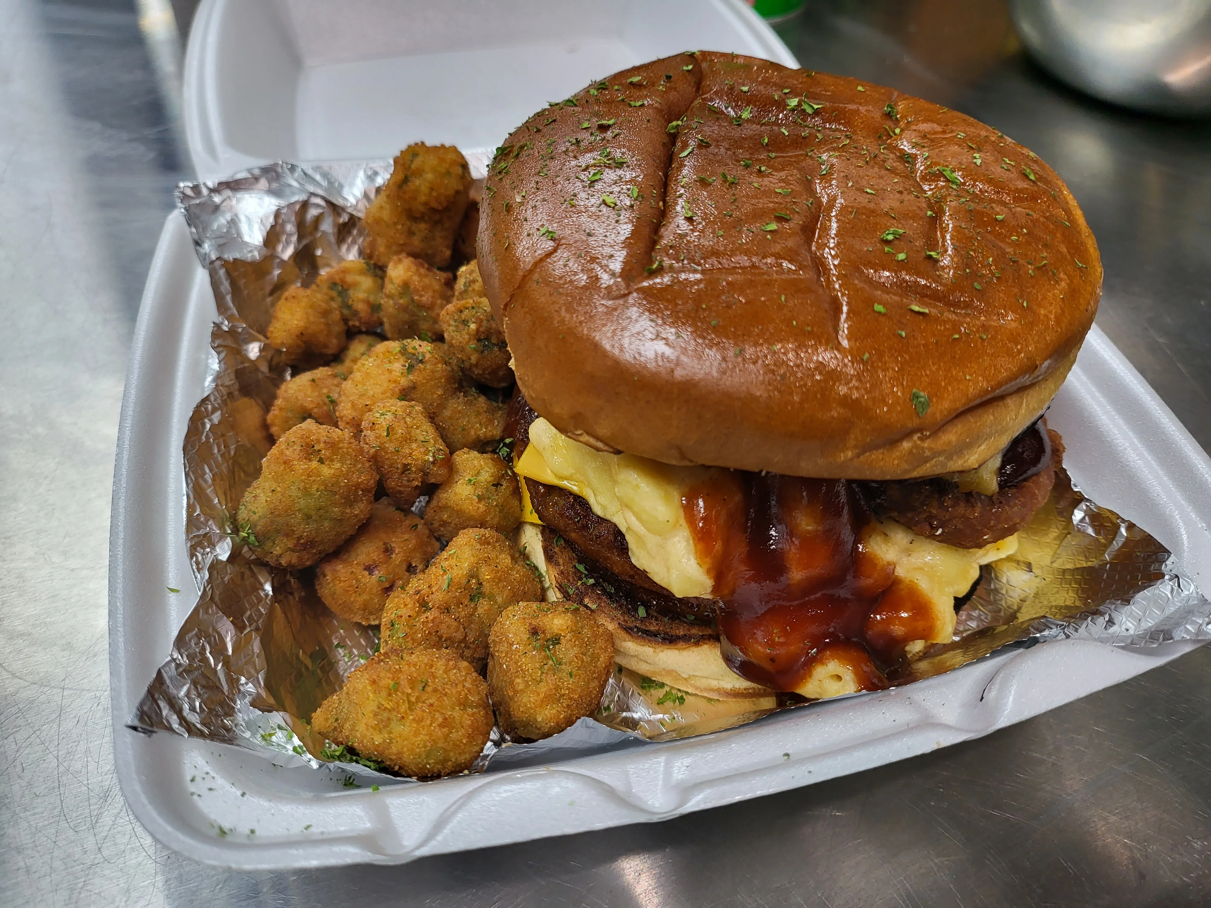 BBQ chicken sandwich with fried okra