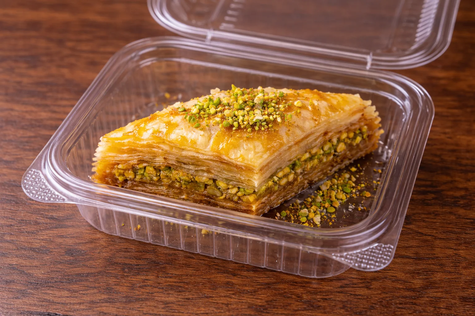 A slice of baklava in a clear container, showing layers of pastry filled with nuts and drizzled with syrup, garnished with crushed pistachios.