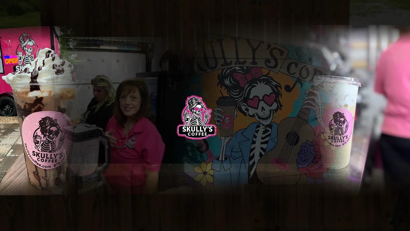 Colorful coffee drinks with artistic toppings at Skully's Coffee