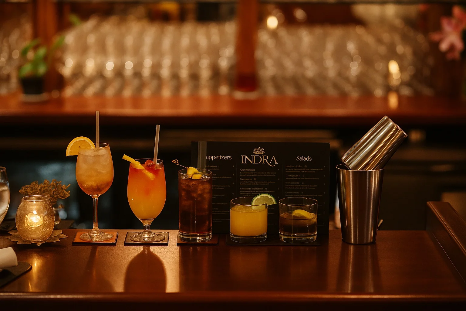 Colorful cocktails displayed on a bar counter