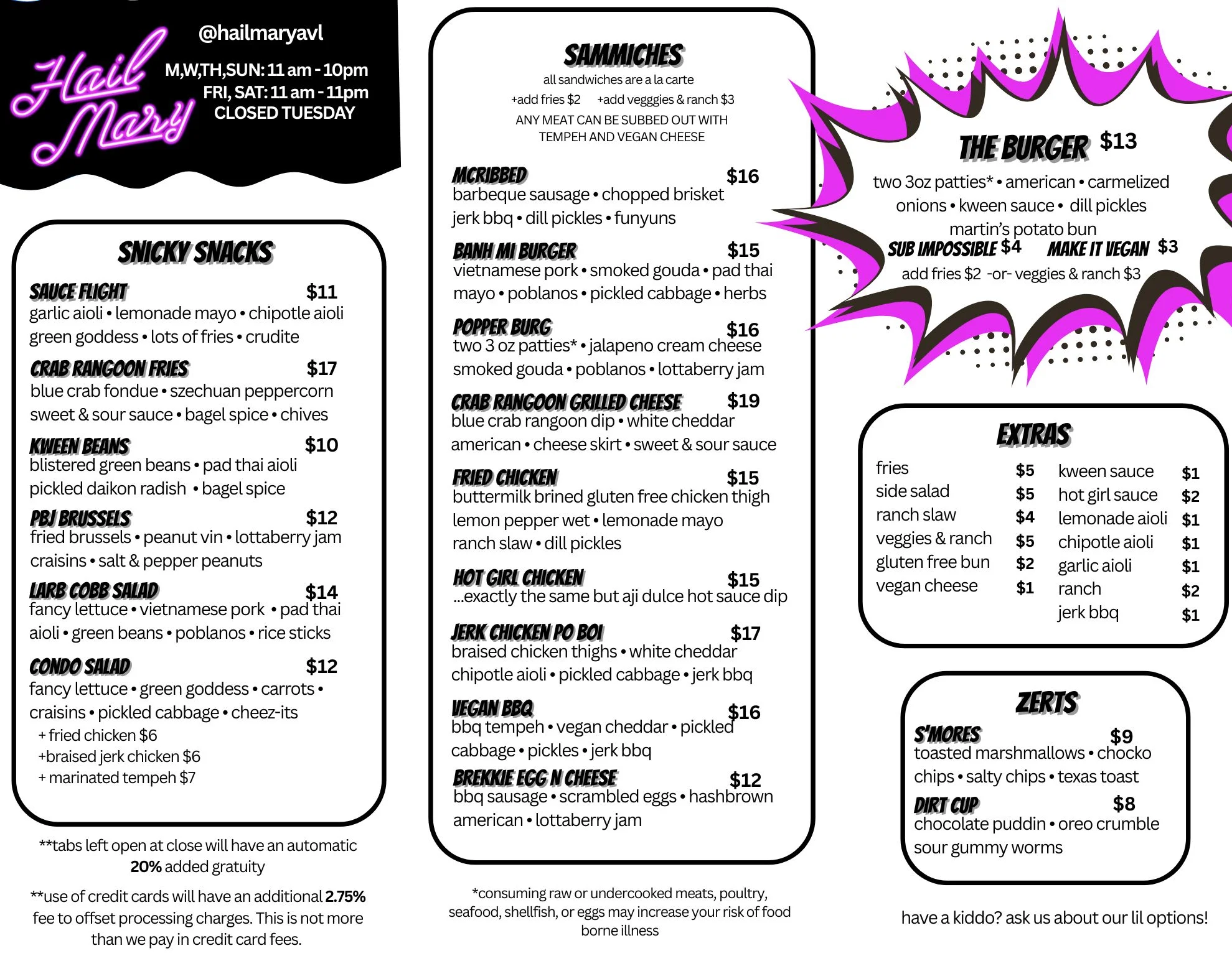 Menu featuring diverse American comfort food and snacks
