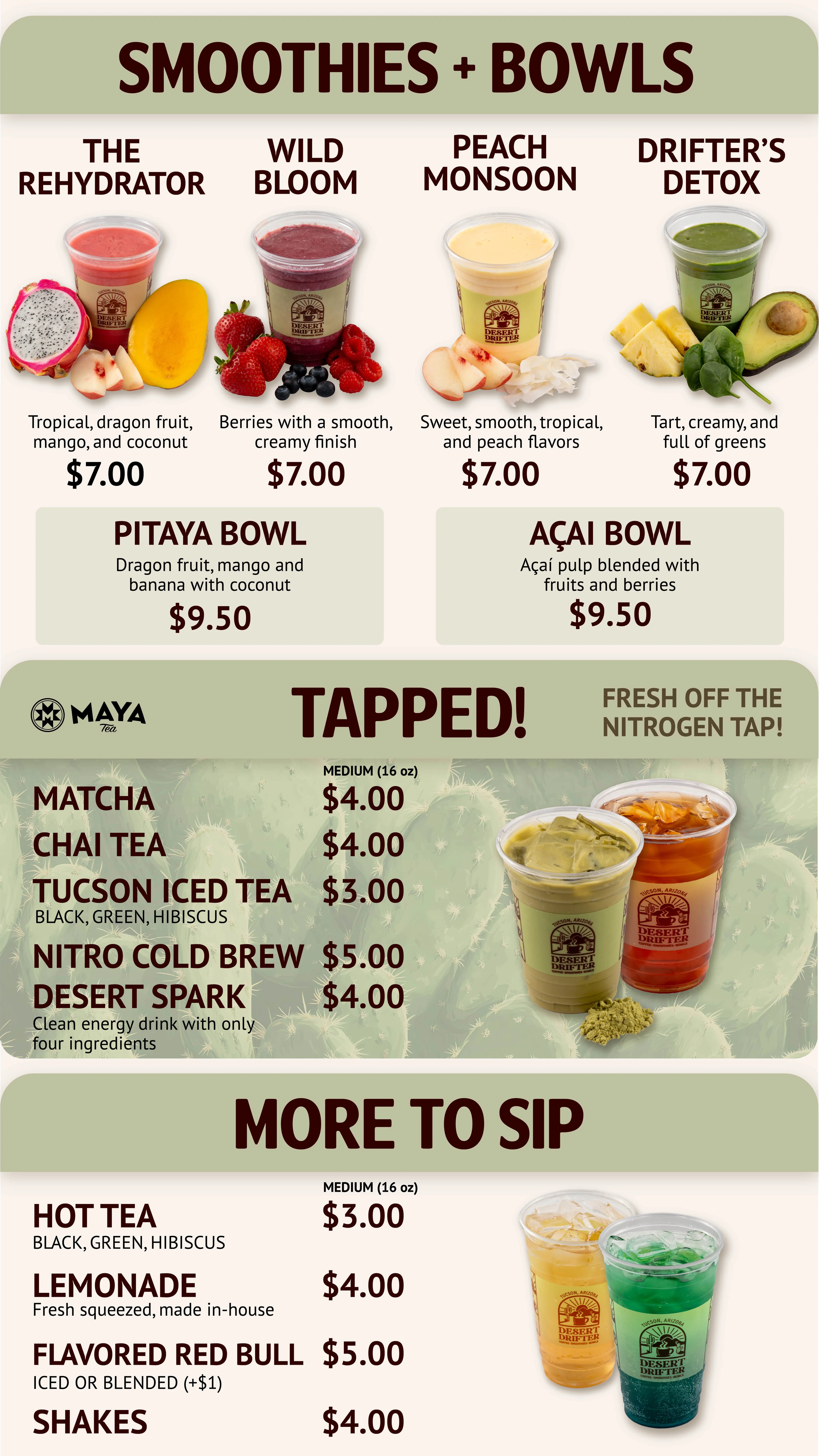 Smoothie and bowl menu featuring tropical flavors