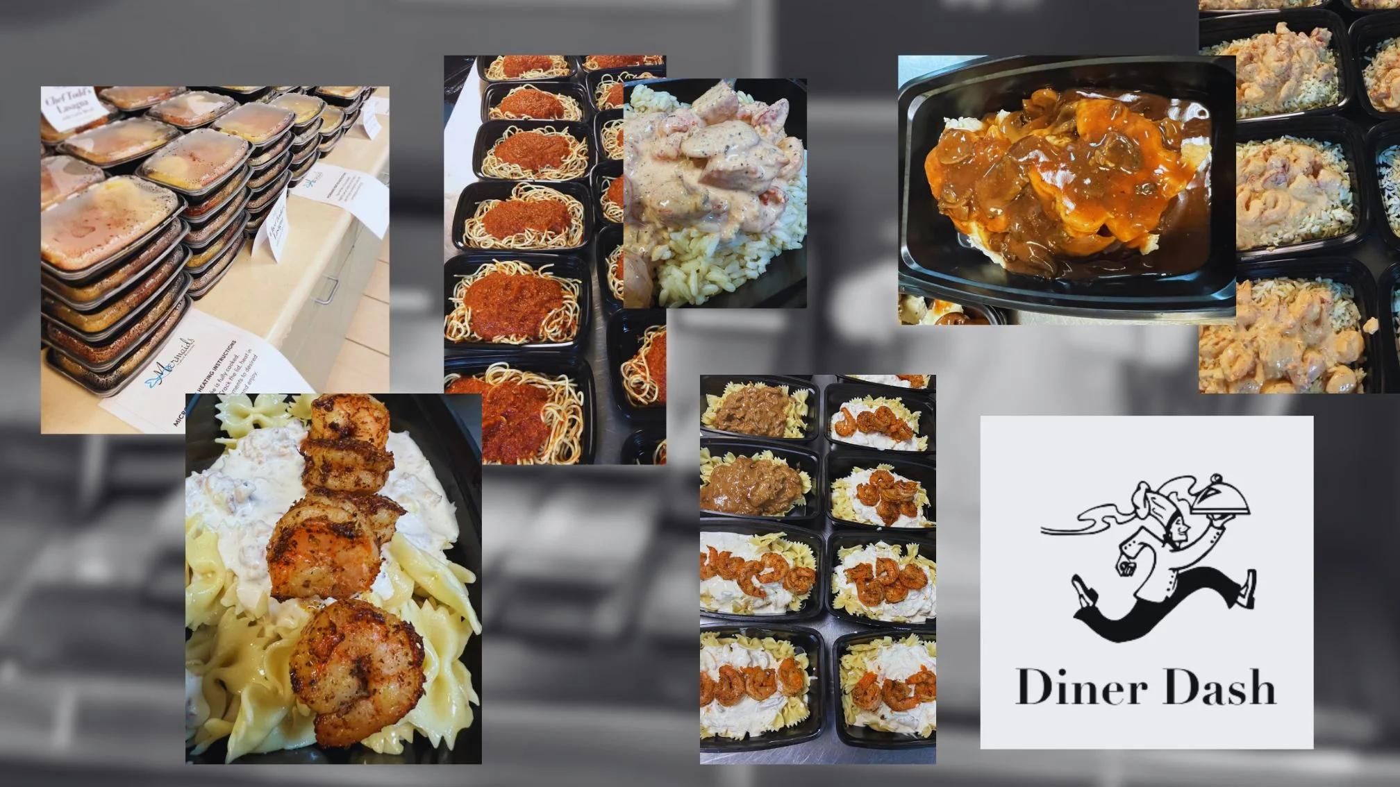 A collage of chef-prepared, ready-to-eat meals in black containers, featuring shrimp pasta, spaghetti with marinara, creamy chicken over rice, and stacked lasagnas labeled 'Chef Todd’s Lasagna,' with the Diner Dash logo in the bottom right corner